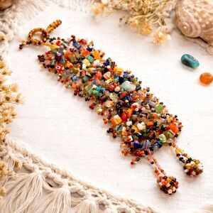 Boho Inspired Multi Color Glass Chip and Seed Bead Woven Bracelet